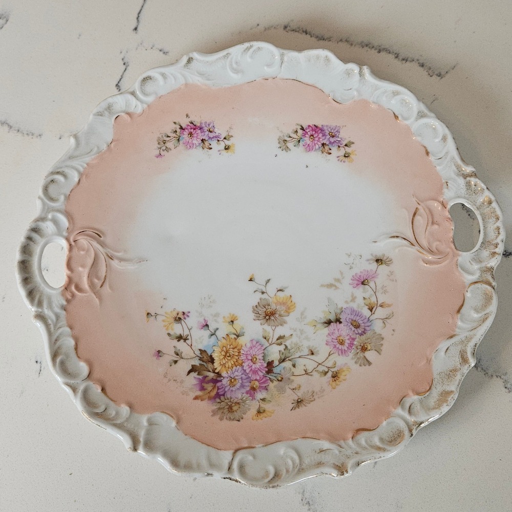 VTG Cottagecore Dollette Floral Tray Pink Gold  Handles Ornate Scalloped Edge